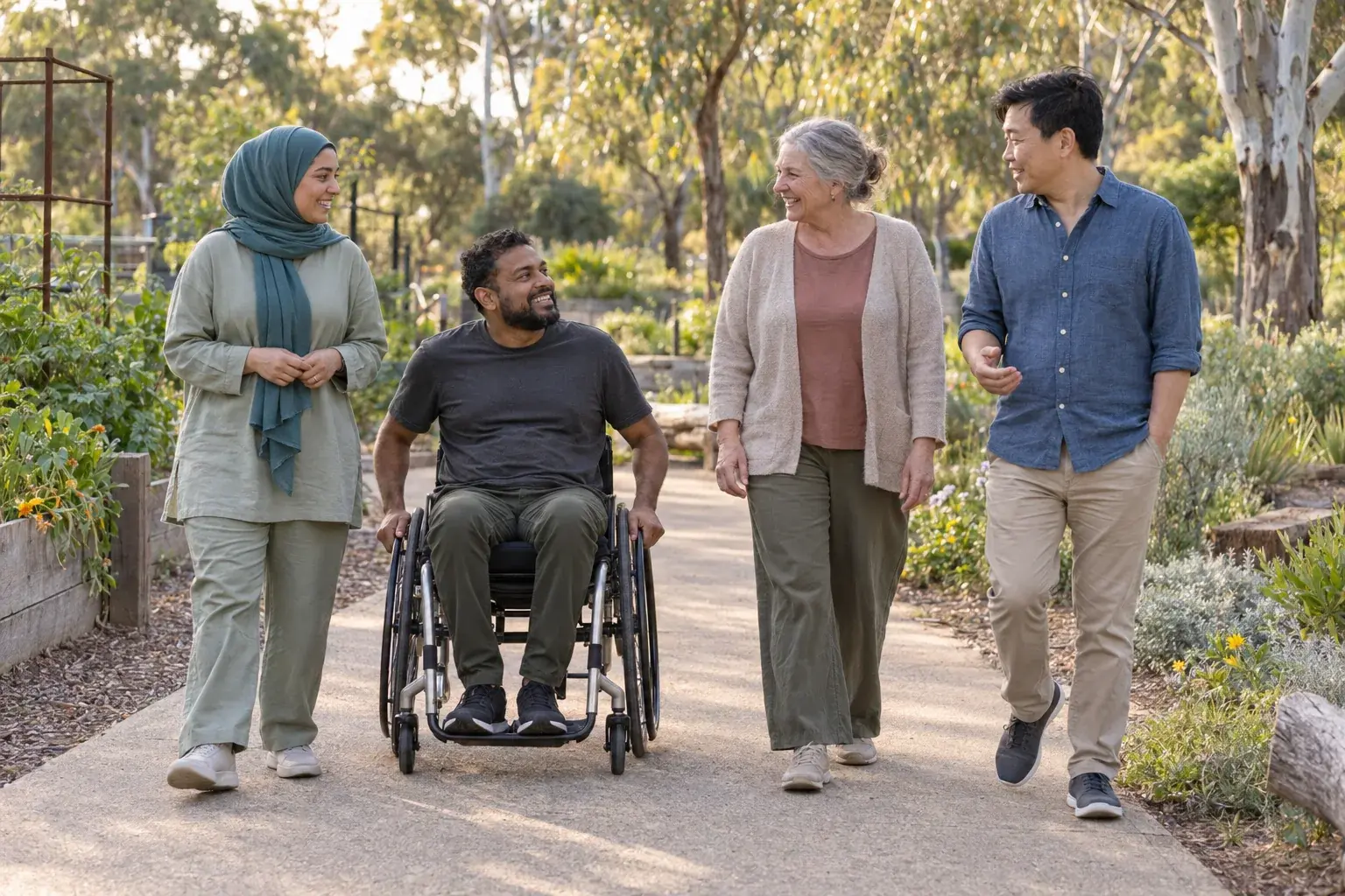 Four adults, including a man using a wheelchair, enjoying a conversation on a community garden path