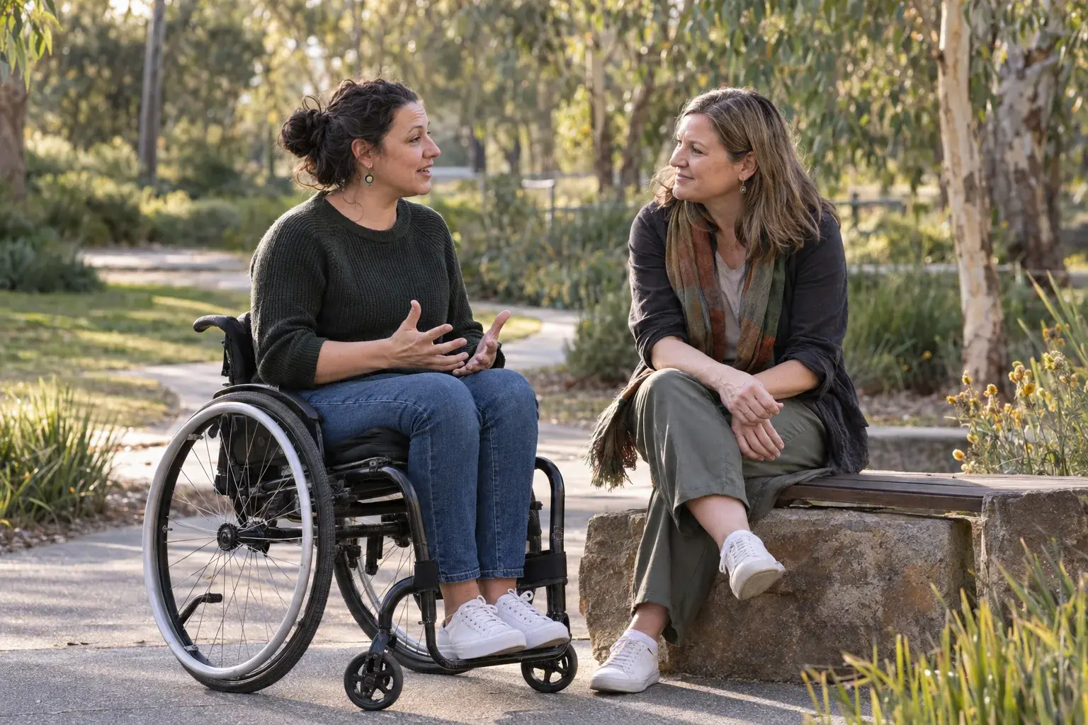 A woman using a wheelchair and a support coordinator sharing a relaxed conversation in a leafy park