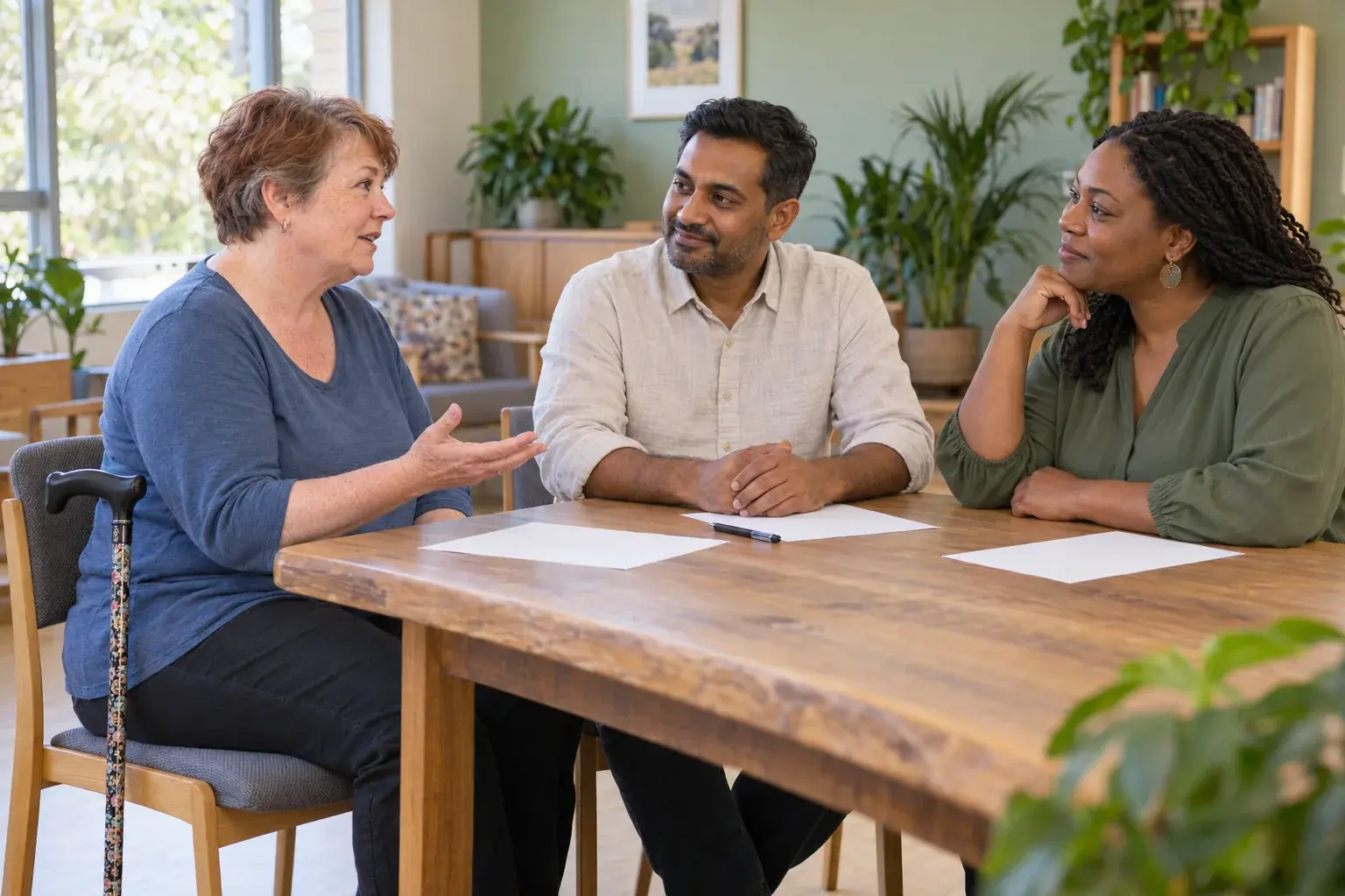 A woman with a walking stick leading a conversation with two support professionals around a table.