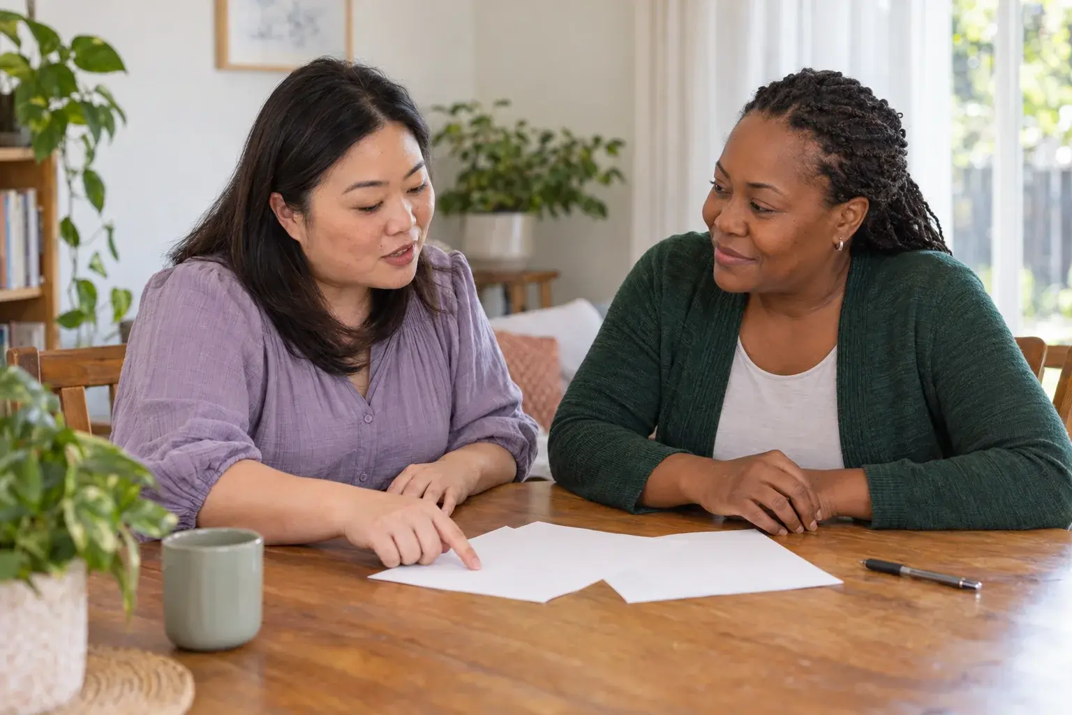 Two women reviewing unmarked paperwork together at a wooden table in a bright community room.
